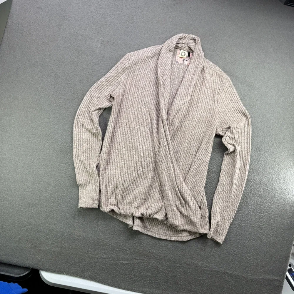 Akemi Kin Sweater Women S Anthropologie Taupe Marled Knit Surplice Wrap Cardigan